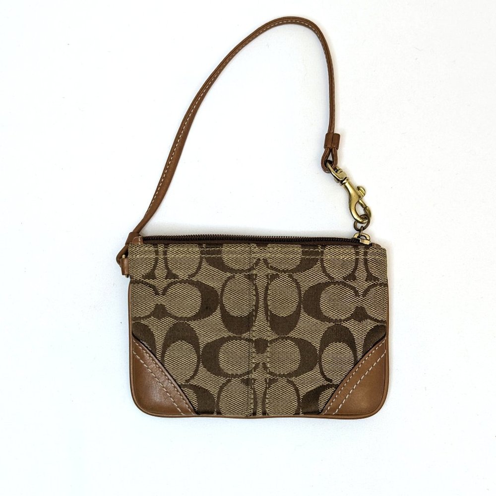 Coach Brown Signature Jacquard Wristlet Clutch Wallet Pouch Leather Trim 6”x4”